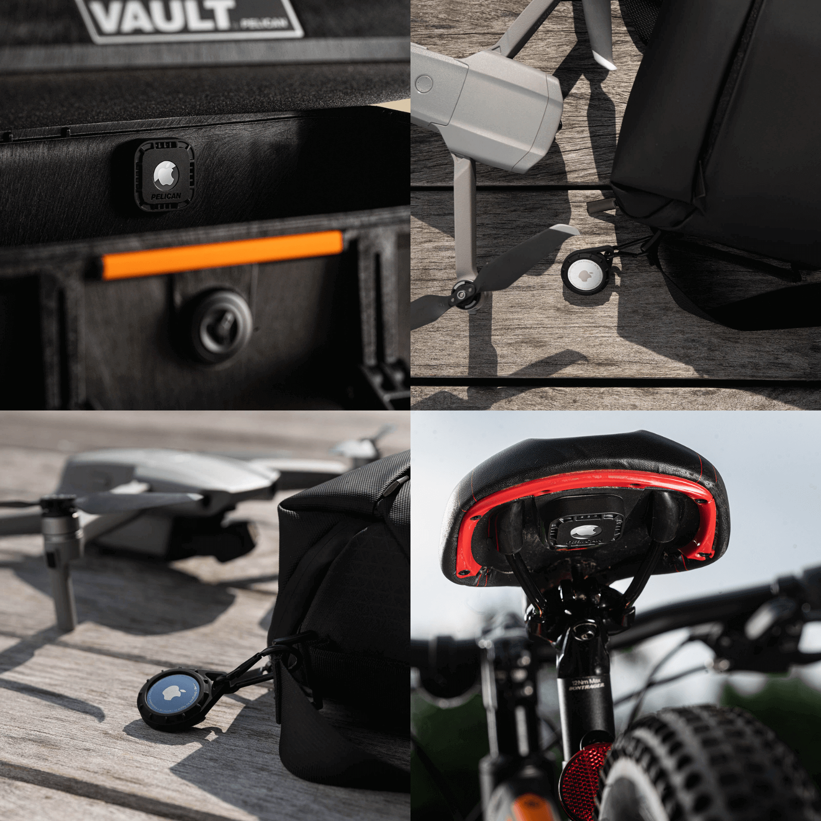 Sticker Mount placed inside Pelican vault. Keychain Case attached to bag. Sticker Mount attached to bike. color::Black