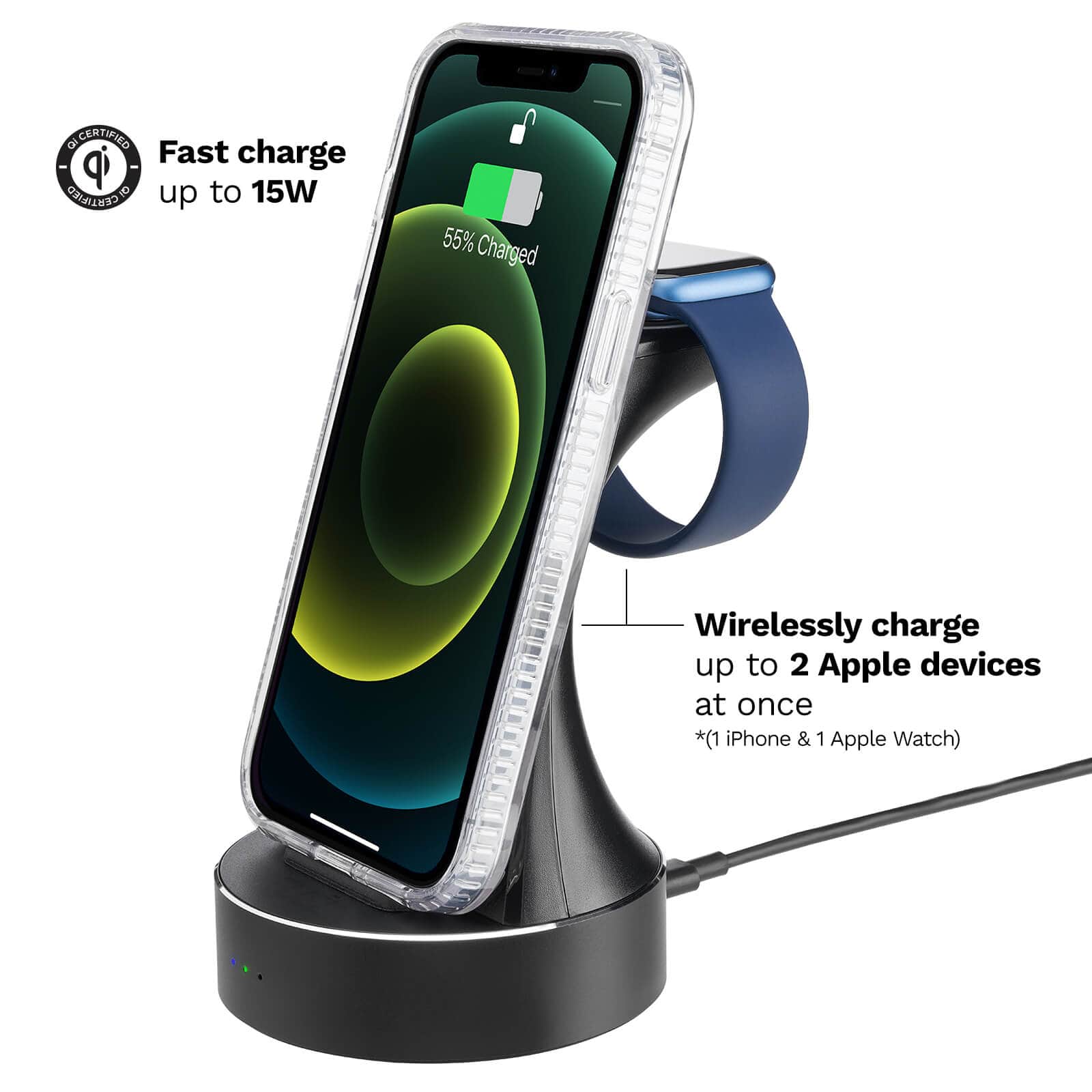 QI CERTIFIED FAST CHARGE UP TO 15W. WIRELESSLY CHARGE UP TO 2 APPLE DEVICES AT ONCE *(1 IPHONE &amp; 1 APPLE WATCH) COLOR::BLACK